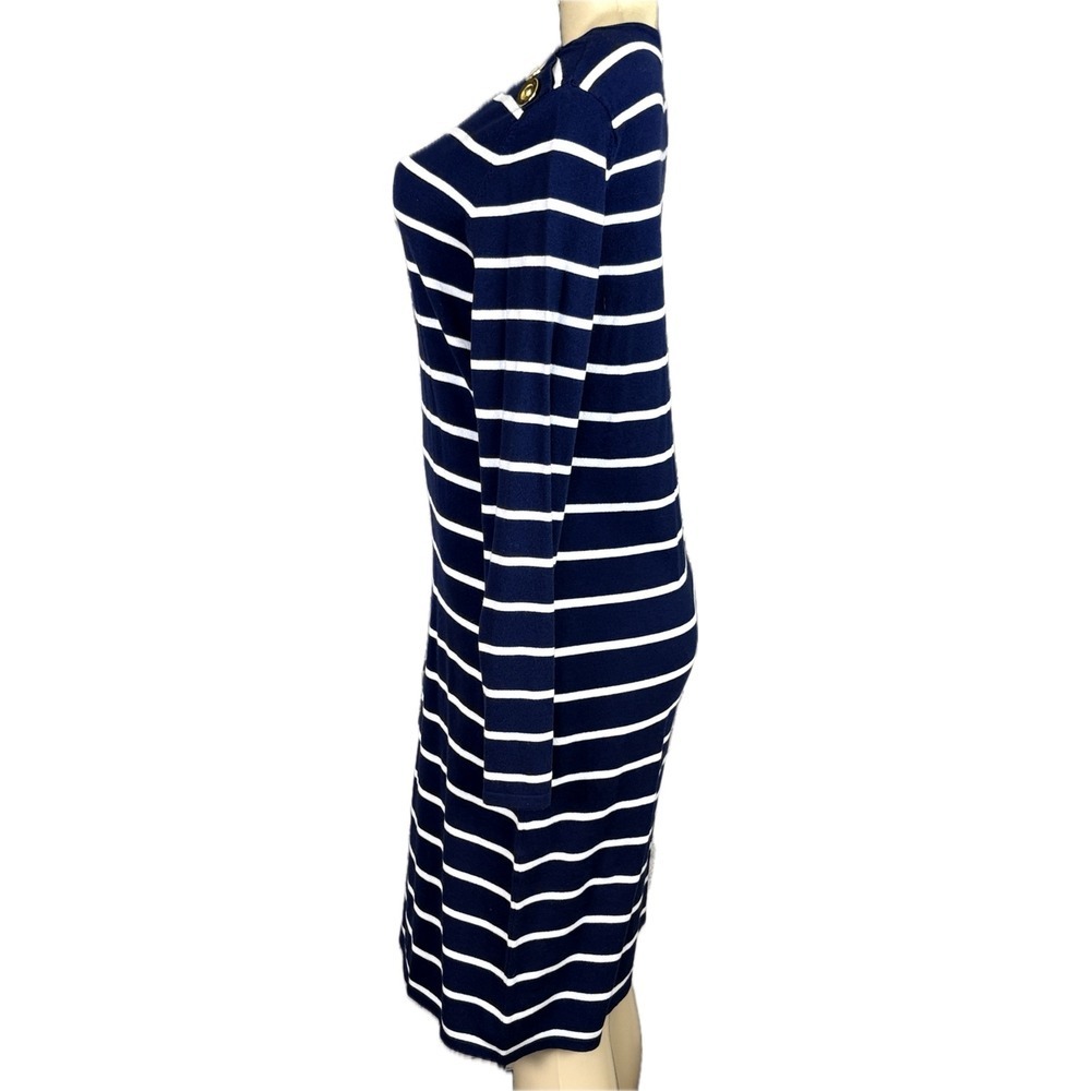 Sail to Sable M Navy White Striped Knit Dress Gold Shoulder Buttons Long Sleeve - Picture 5 of 6